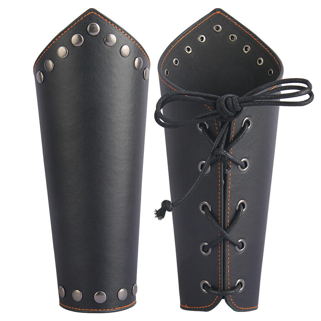 2x Leather Arm Guards Archery Gauntlet Medieval Bracers Studs Props Black