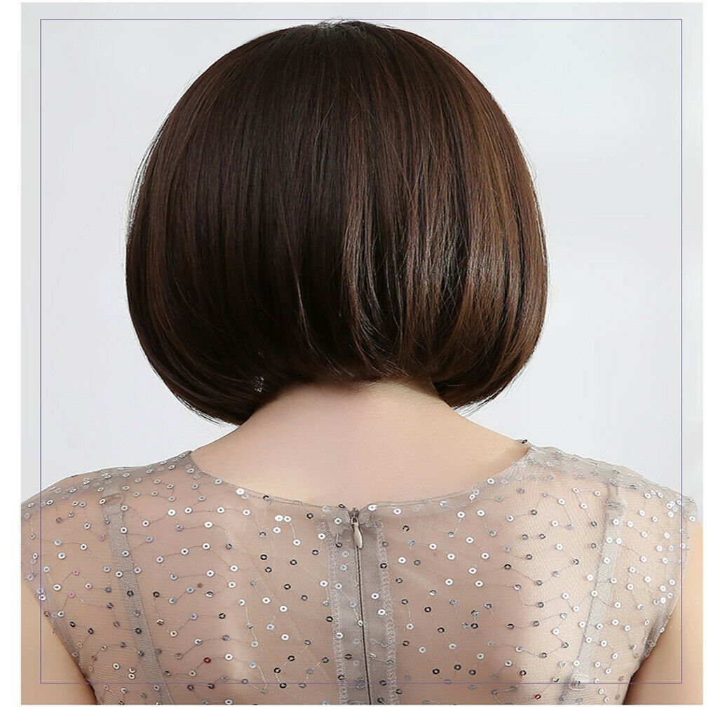 12'' Short Bob Wigs Costume Dating Party Full Wig with Neat Bangs Dark Brown
