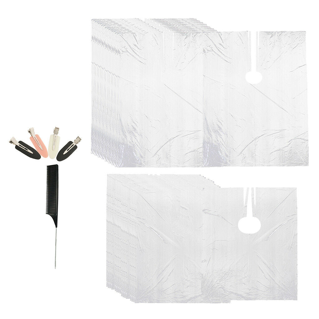 100X Disposable Hair Cutting Cape Coloring Gowns Apron w/ Hair Clips & Comb