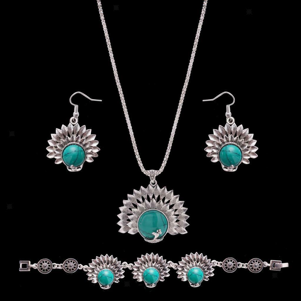 Turquoise Stone Pendant Necklace Earrings Bracelet Jewelry Set Peacock Green