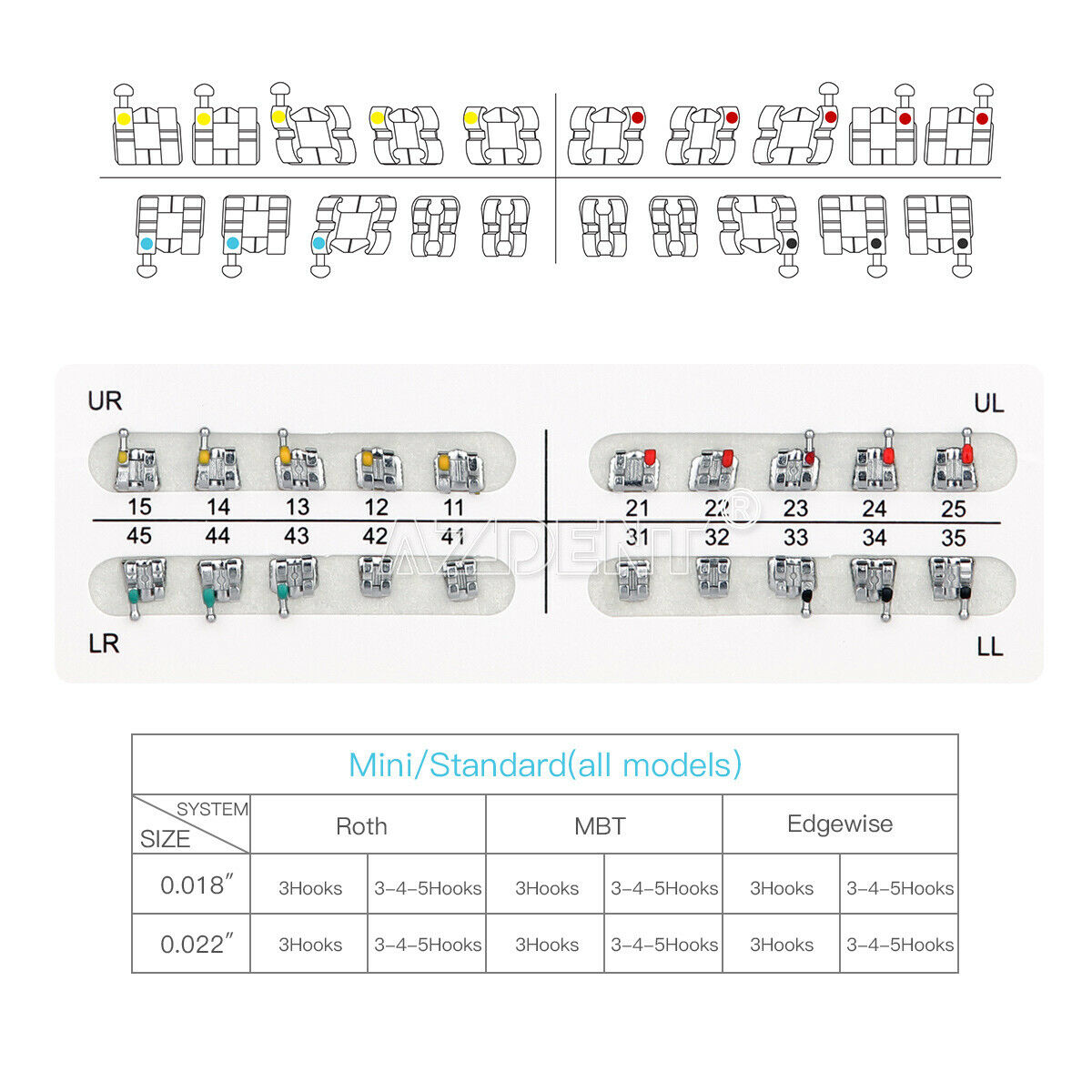 200X Dental Orthodontic Metal Brackets Braces Standard MBT 022 Hooks 3 4 5 FDA