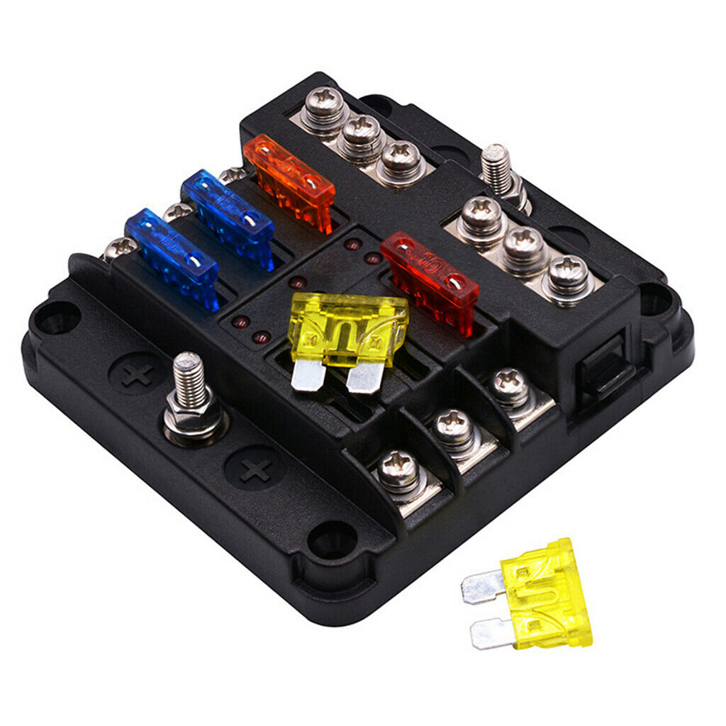 6-Way Fuse Box Blade Fuse Block Holder 5A 10A 15A 20A Free Fuses LED Indicator