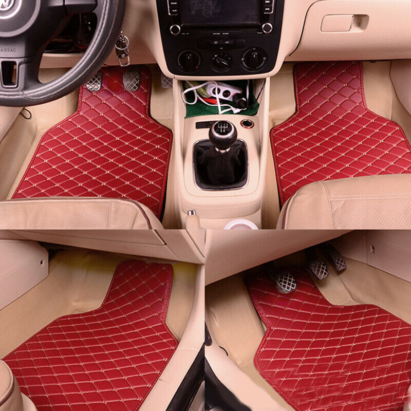 4PCS Red Leather Car Floor Mats Quilted Design Waterproof Liners Carpets Durable