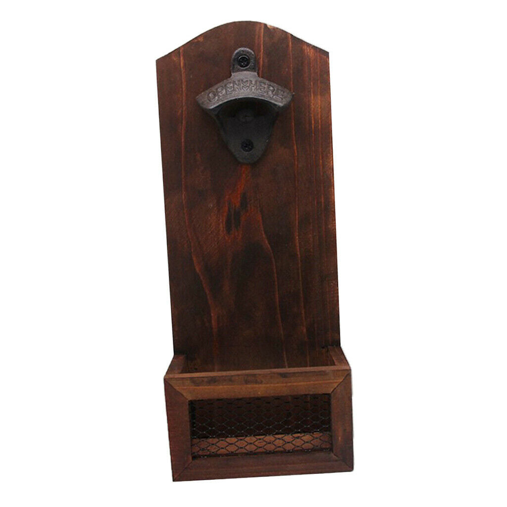 Home Bar Pub Novelty Wood Wall Bottle Opener w/   Catcher Organizer Holder