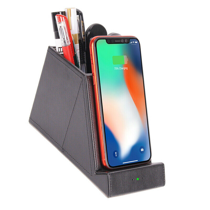 Desktop Wireless Charging Station Pen Storage Holder Case 10W Quik Fast Charge