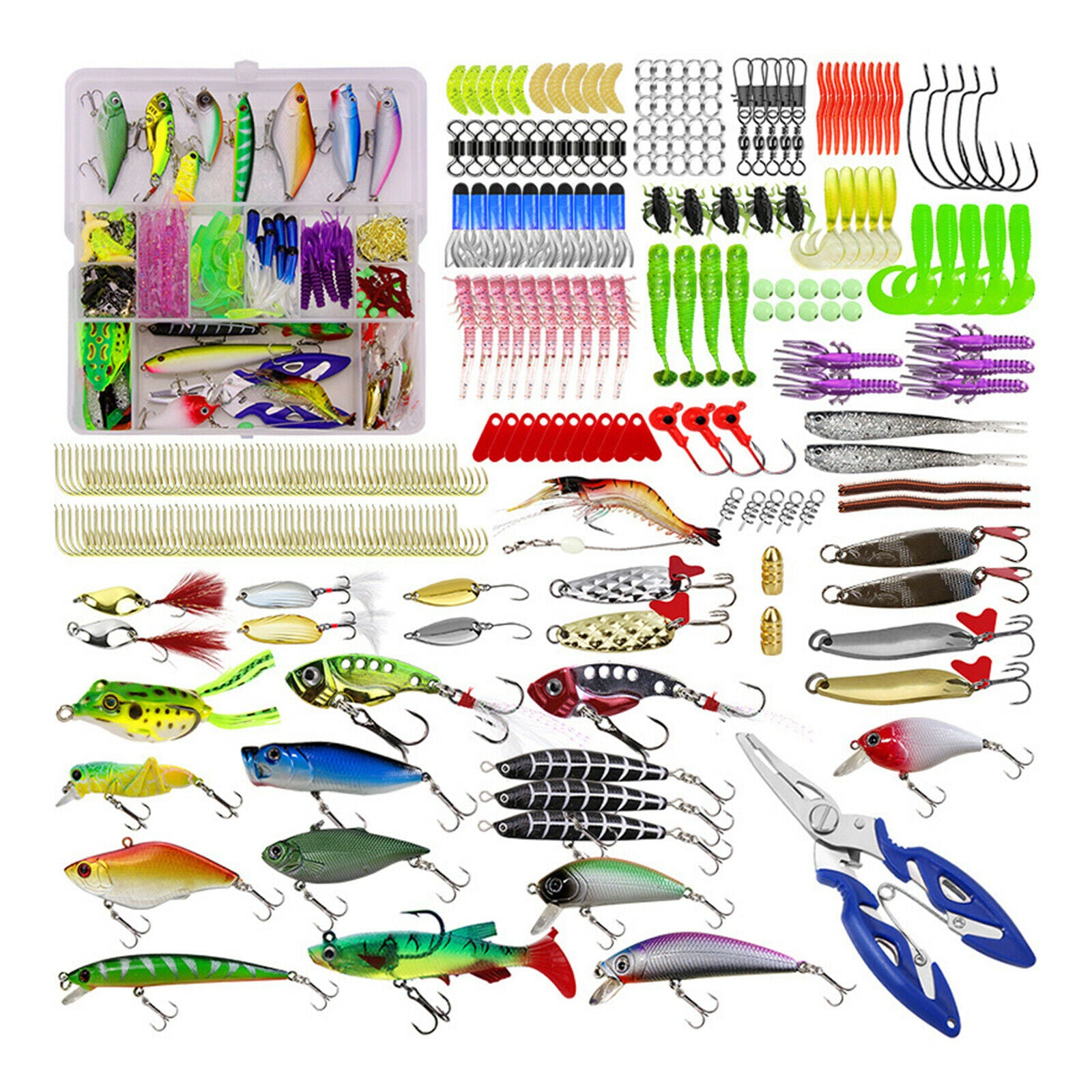 300pcs Fishing Tackles Set Trout Perch Lures Kit Worms Hooks Pliers with Box