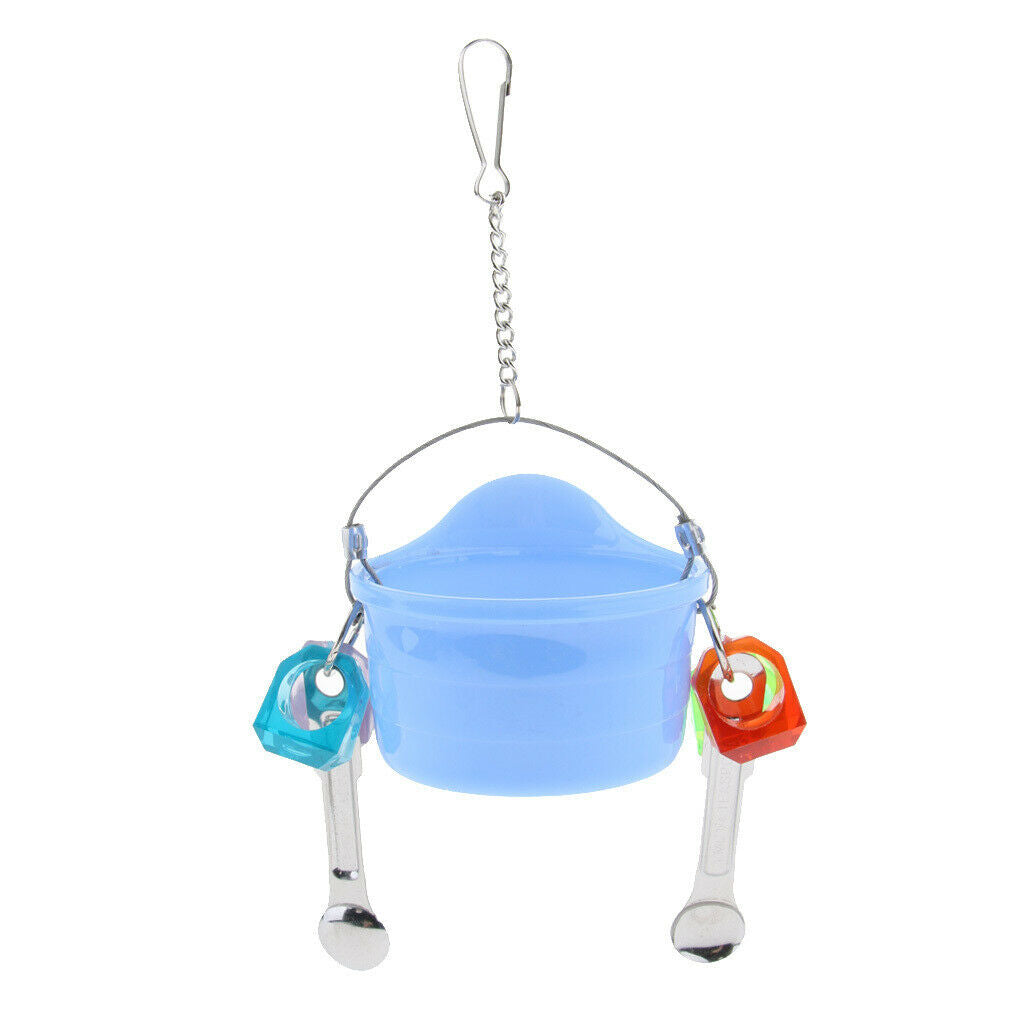 Birds Parrots Stand Hanging Plastic Food Cup Holder Swing with 2 Spoons Blue
