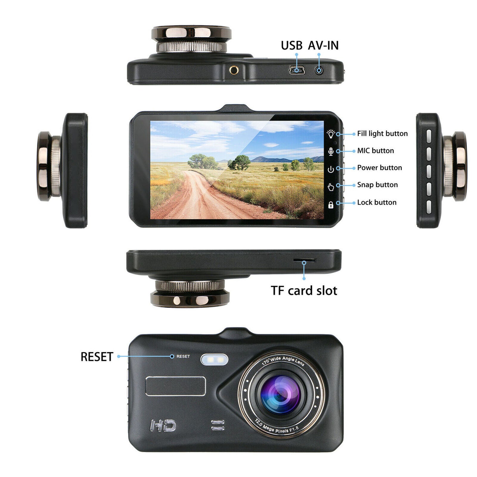 4" Dual Lens 1080P 170° Touch Screen Car DVR Dash Cam G-sensor + Rearview Camera