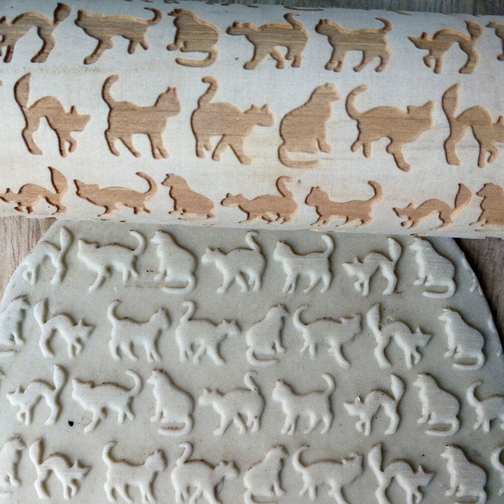 Cat Pattern Wooden Engraved Rolling Pin Cut Cookie Cake Pizza Baking Tool tdJ SJ