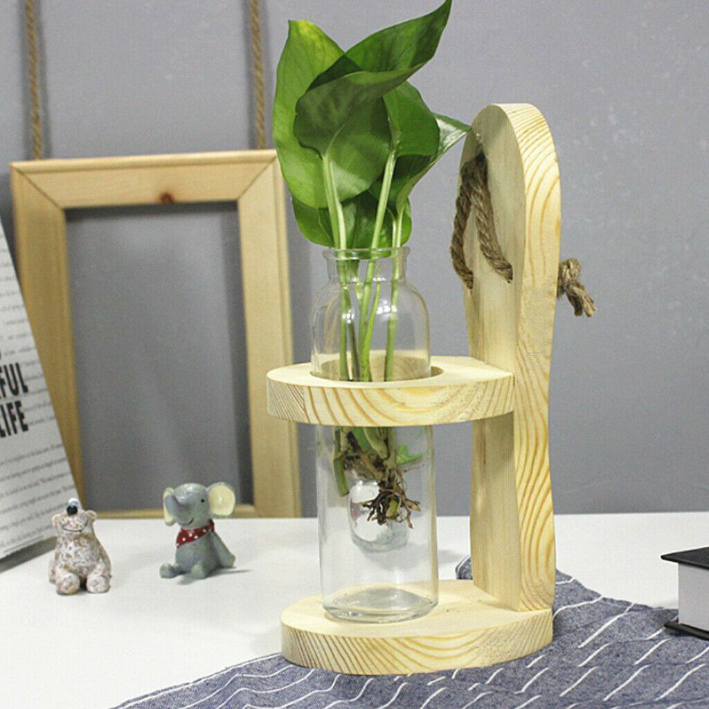 Hydroponic Plants Glass Flower Vase Hanging Planter w/ Wooden Container Home