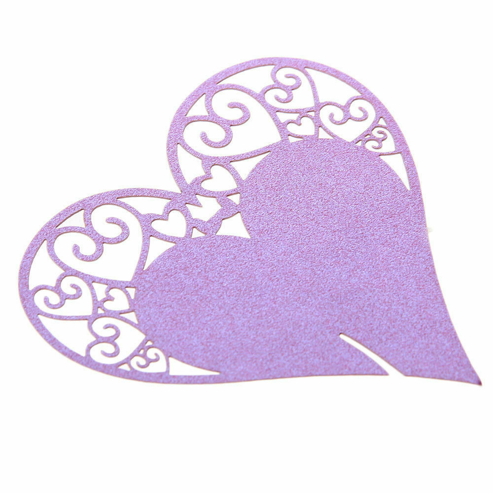 50 Wedding Table Wine Glass Decor Party Place Card Heart Shape Purple
