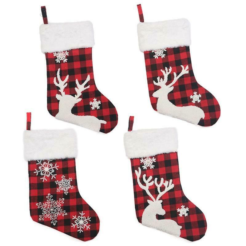 4pcs Plaid Snowflake Christmas Stockings 18'' Large Red and Black Xmas Stockings