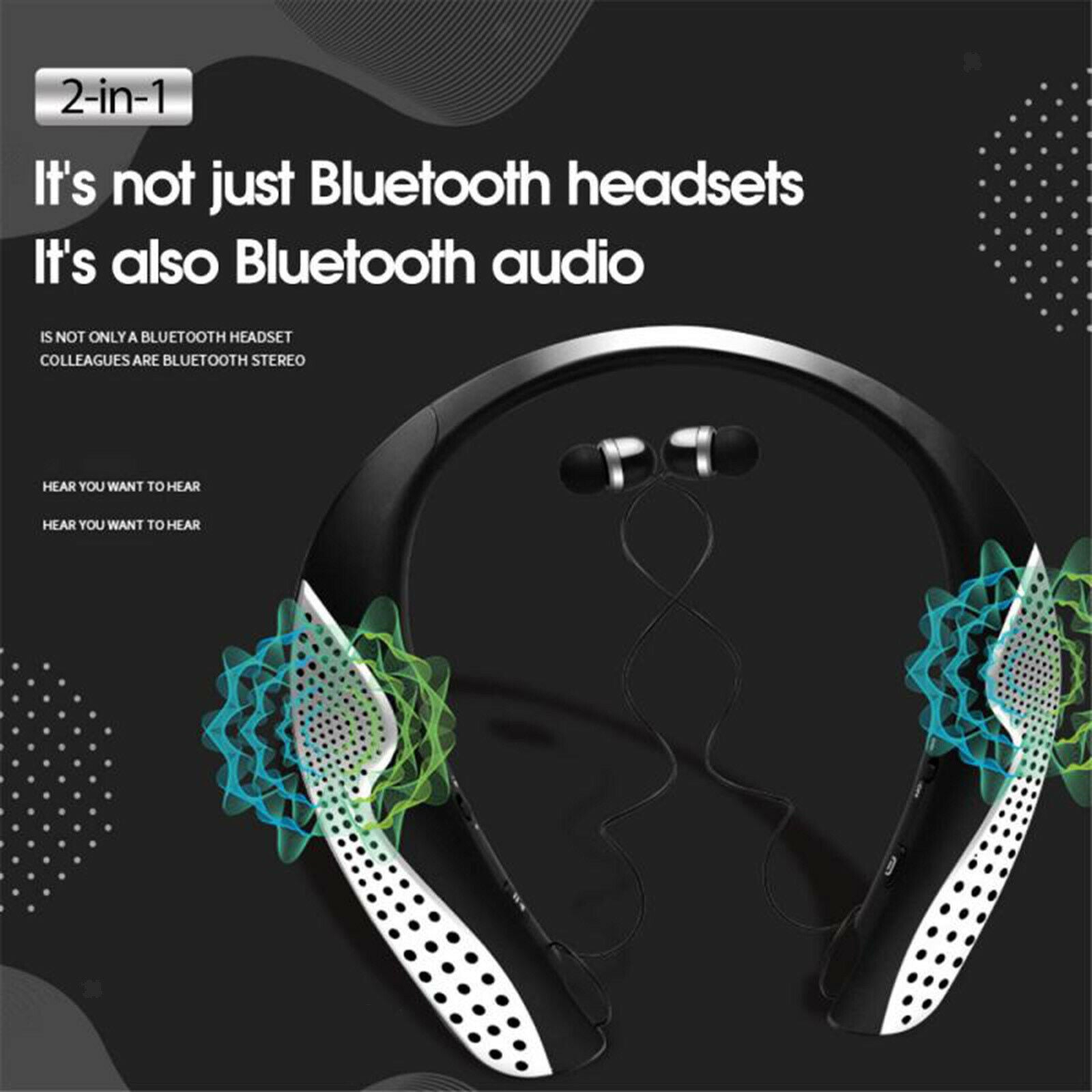 Neckband Wearable Wireless Speaker w/Retractable Earbuds with Mic Handsfree