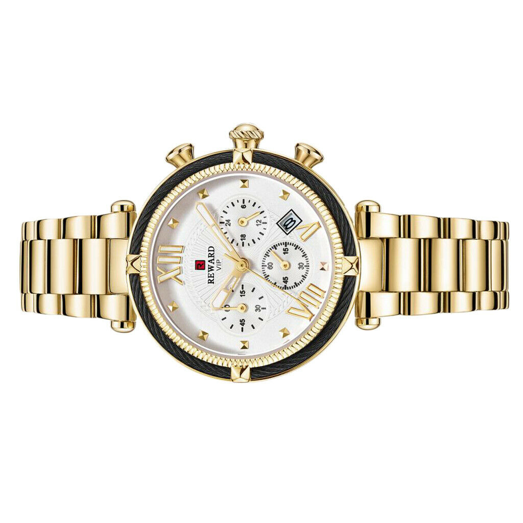 Women Chronograph Quartz Movement Watch Wristwatch Jewelry Golden