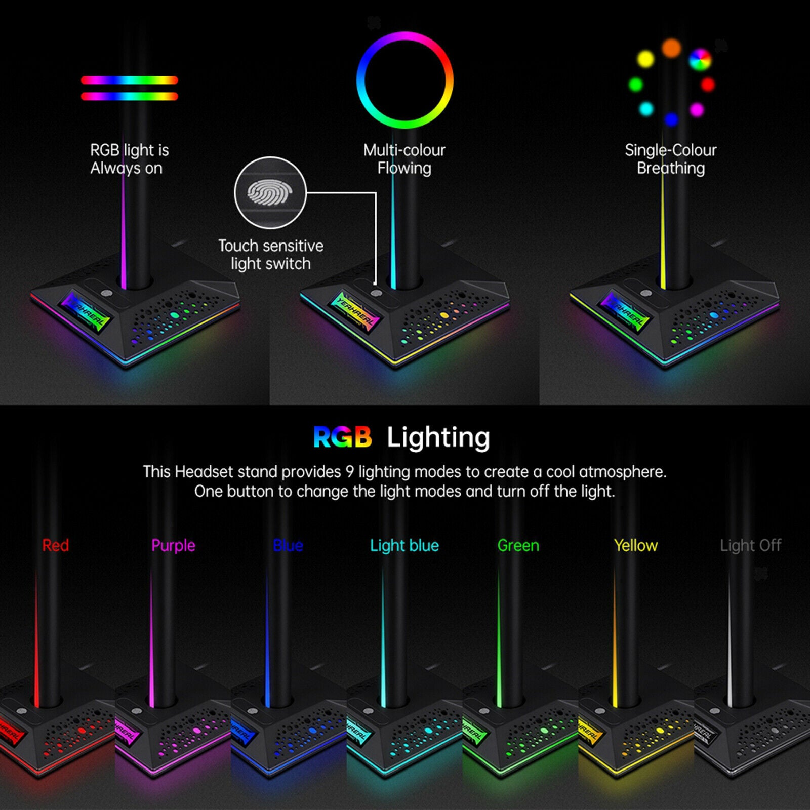 RGB Light Earphone Gaming Headphone Stand Holder Display Bracket w/ USB Hub