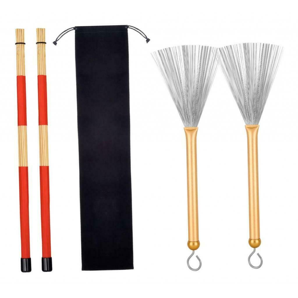 2Pairs Drum Sticks & Drum Wire Brushes & Storage Bag For Music Lover Golden