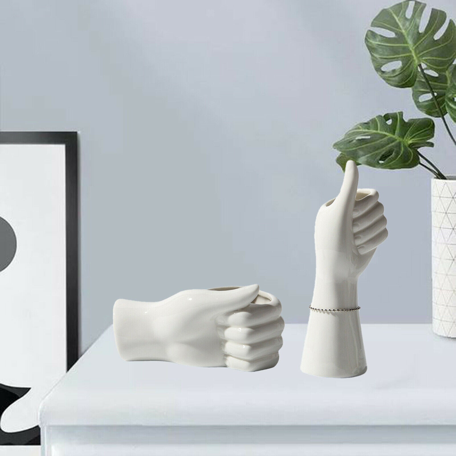 2 Pack Art White Ceramic Hand Shape Flower Vase Sculpture Ornament Home Decor