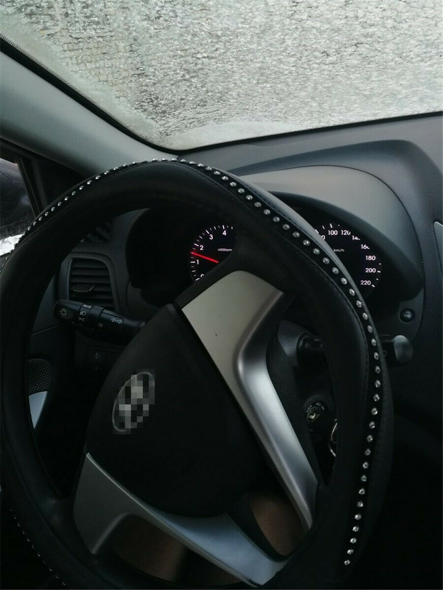 Crystal Drill & PU Leather  Auto Steering Wheel Covers Anti-Slip Black 38cm/15"