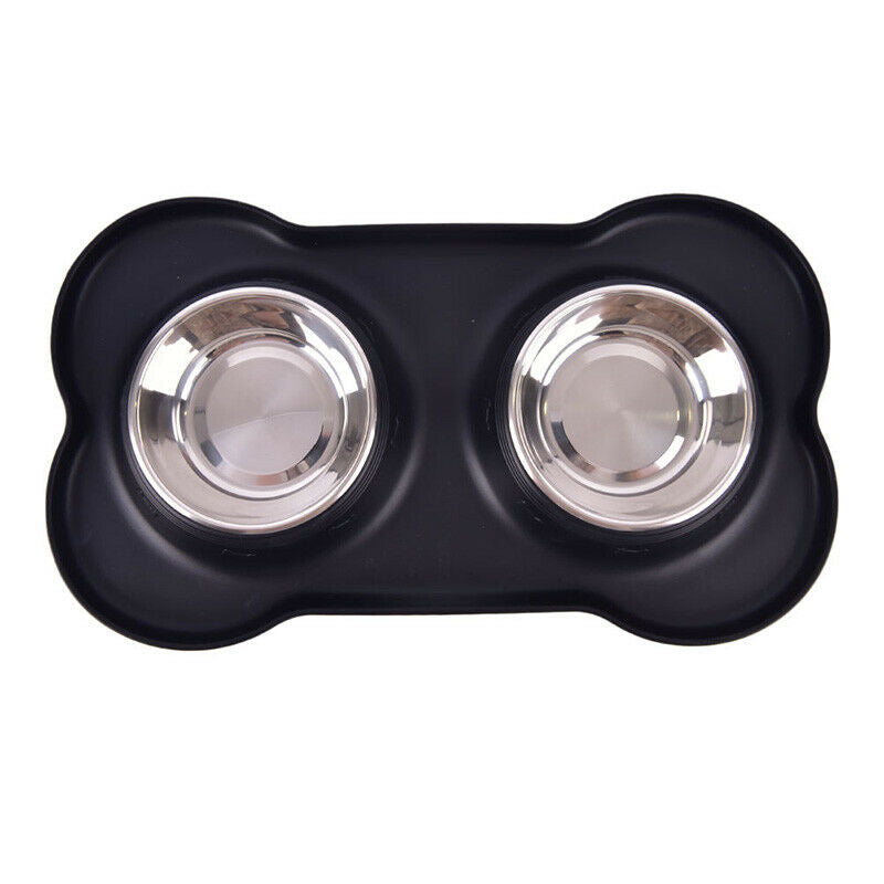 Pet Dog Double Feeder Bowl Stainless Steel Silicone Mat Food Water Bowl Set^DD