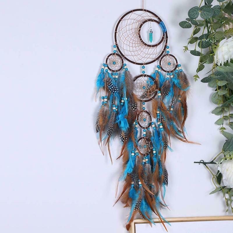 5 Circles Large Dream Catchers with Turquoises Feather Boho Wall Hanging Decor