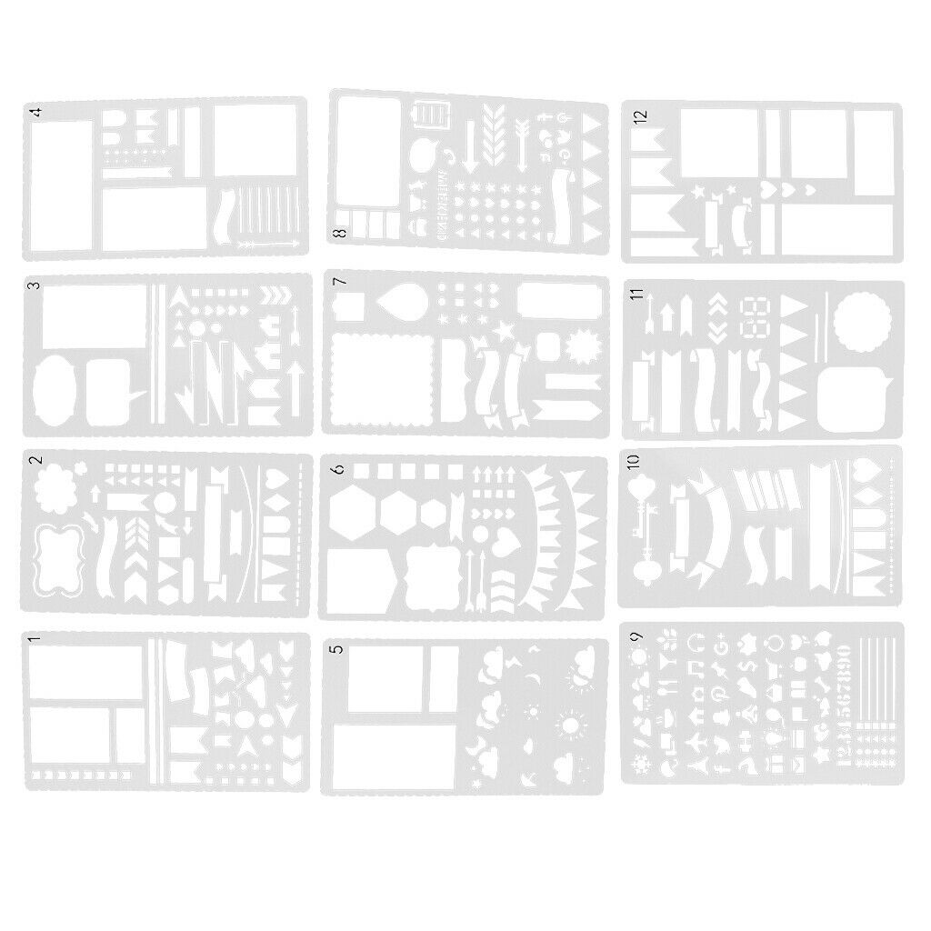 12x Journal Stencil Plastic Drawing Template Stencils for DIY Planner Diary