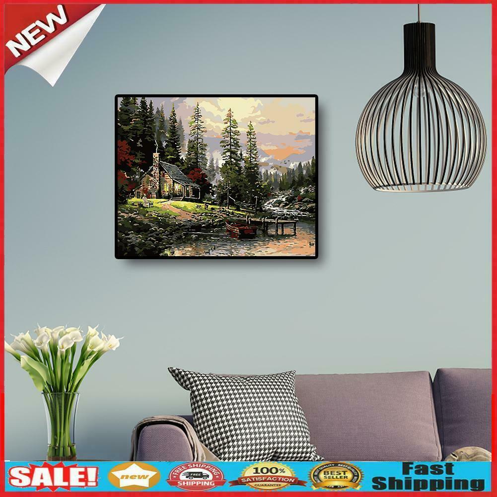 DIY Digital Oil Painting By Numbers Riverside Hut Canvas Acrylic Wall Art  @