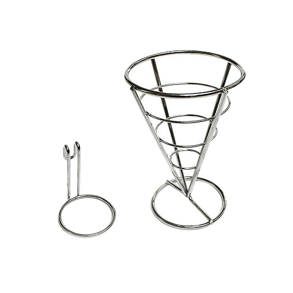 Stainless French Fry Stand Cone Basket Holder with Dip Bowl for Chips Snack