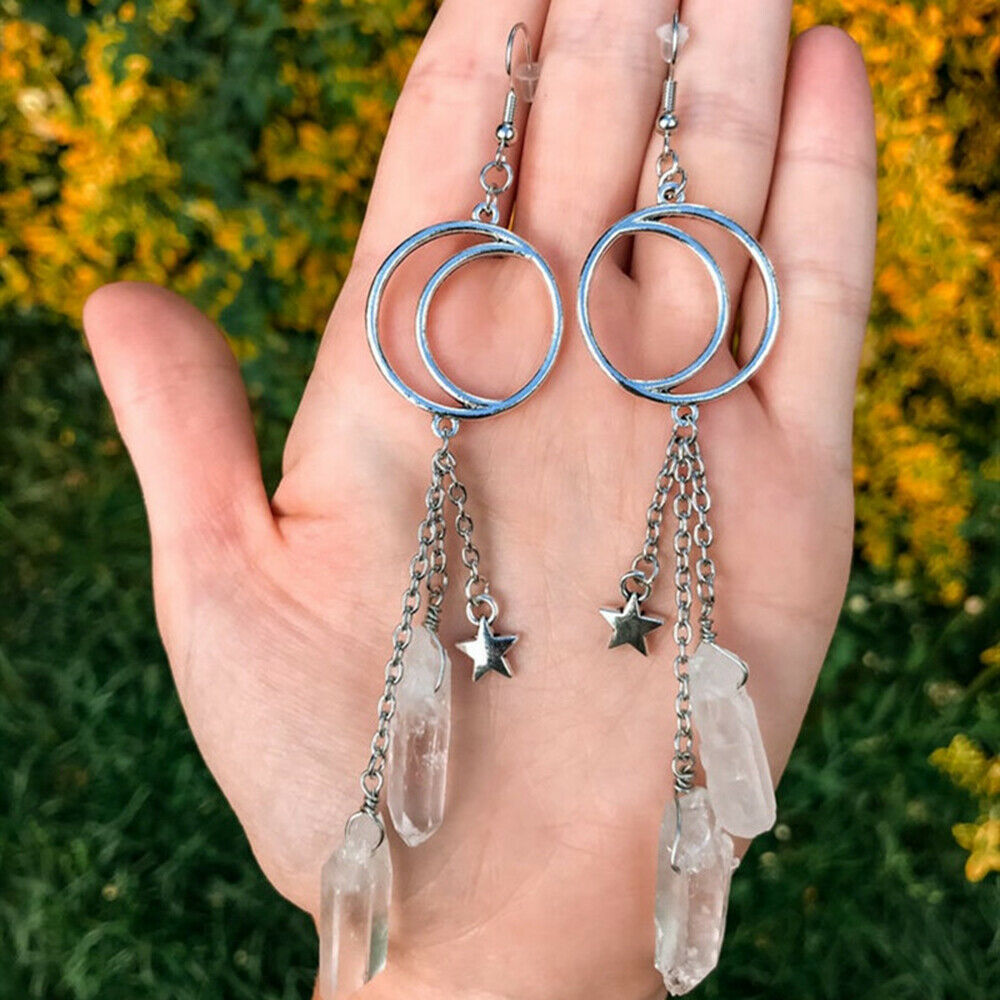 Clear Quartz Crystal Jewelry Hexagonal Pillar Chain Star Moon Ear Hook Earrings