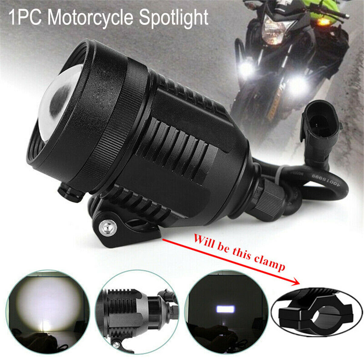 1x 6000K-6500K White Motorcycle Spotlight Driving Light Adjustable Zoom Aperture