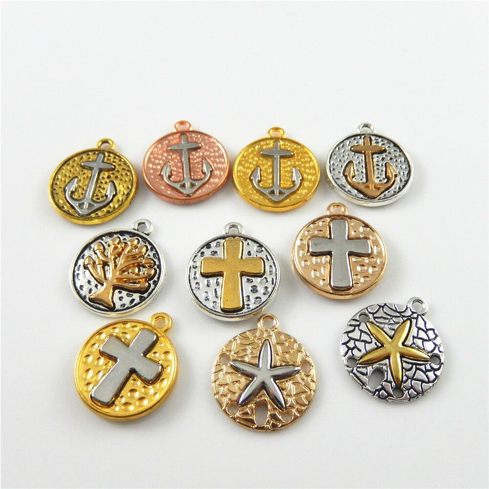 20 Assorted Cross Starfish Pendant Alloy Round Nautical Charm Jewelry Craft 19mm
