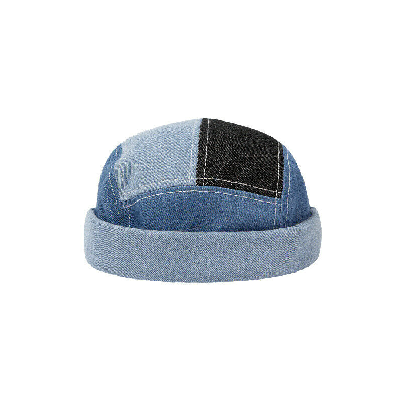 Men Denim Jean Patchwork Skullcap Sailor Hat Beanie Hip Hop Cuff Brimless Splice