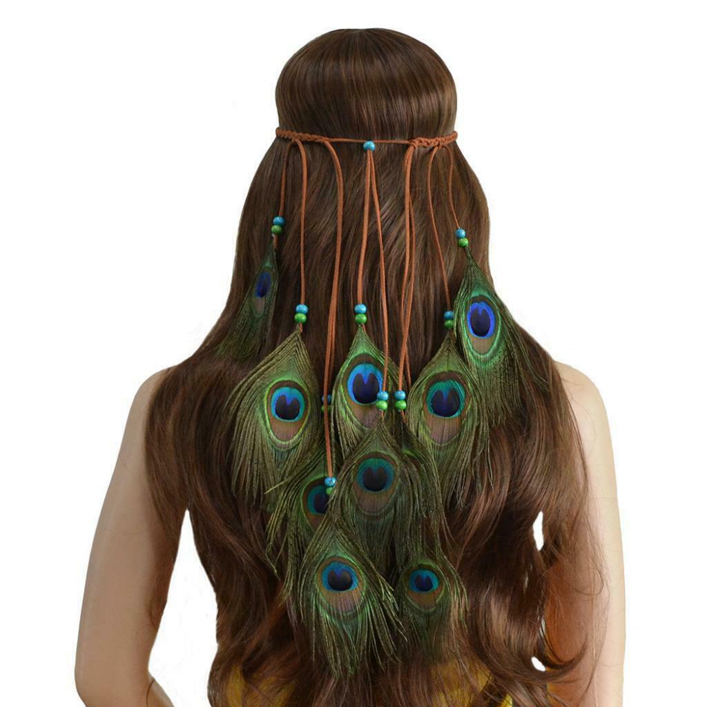 Handmade Ethnic Faux Peacock Feather Shape Headband Boho Long Tassel Hair