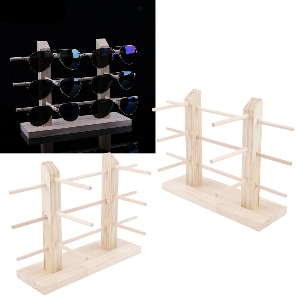 2 Pieces Wood Sunglasses Eyeglass Display Rack Double Lines 6 Pairs of Glasses