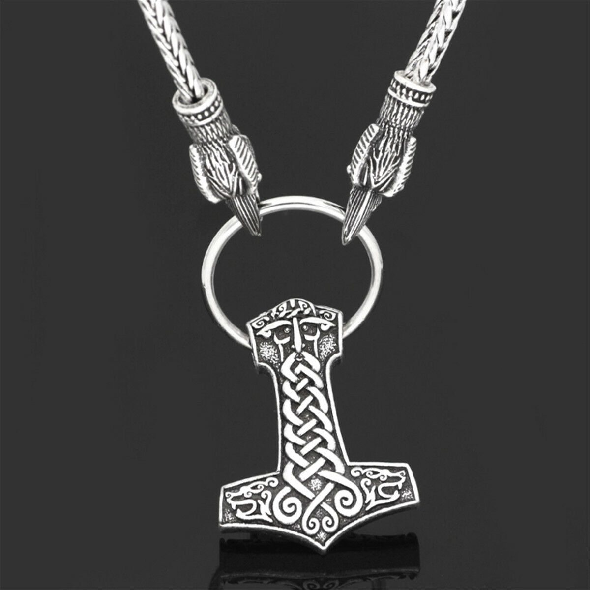 Men's Norse Viking Odin's Crow Chain&Thor Hammer Mjolnir Pendant Necklace Gift