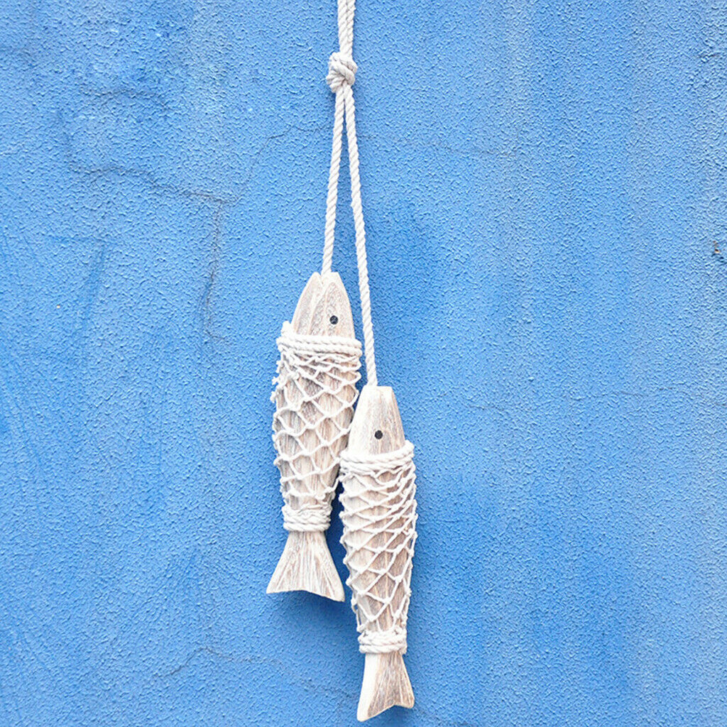 2x Hand Carved Nautical Wooden Marine Fish Rope Wall Hanging Home