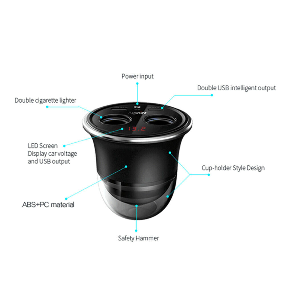 4 in 1 Universal Car Charger Cigarette Lighter Dual USB Phone Cup Holder