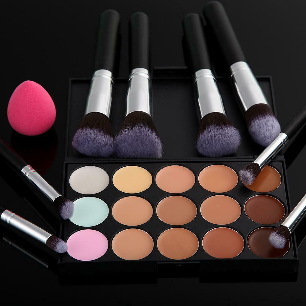 15 Colors Makeup Concealer Palette + 8PC Powder Brush + Sponge Foundation @