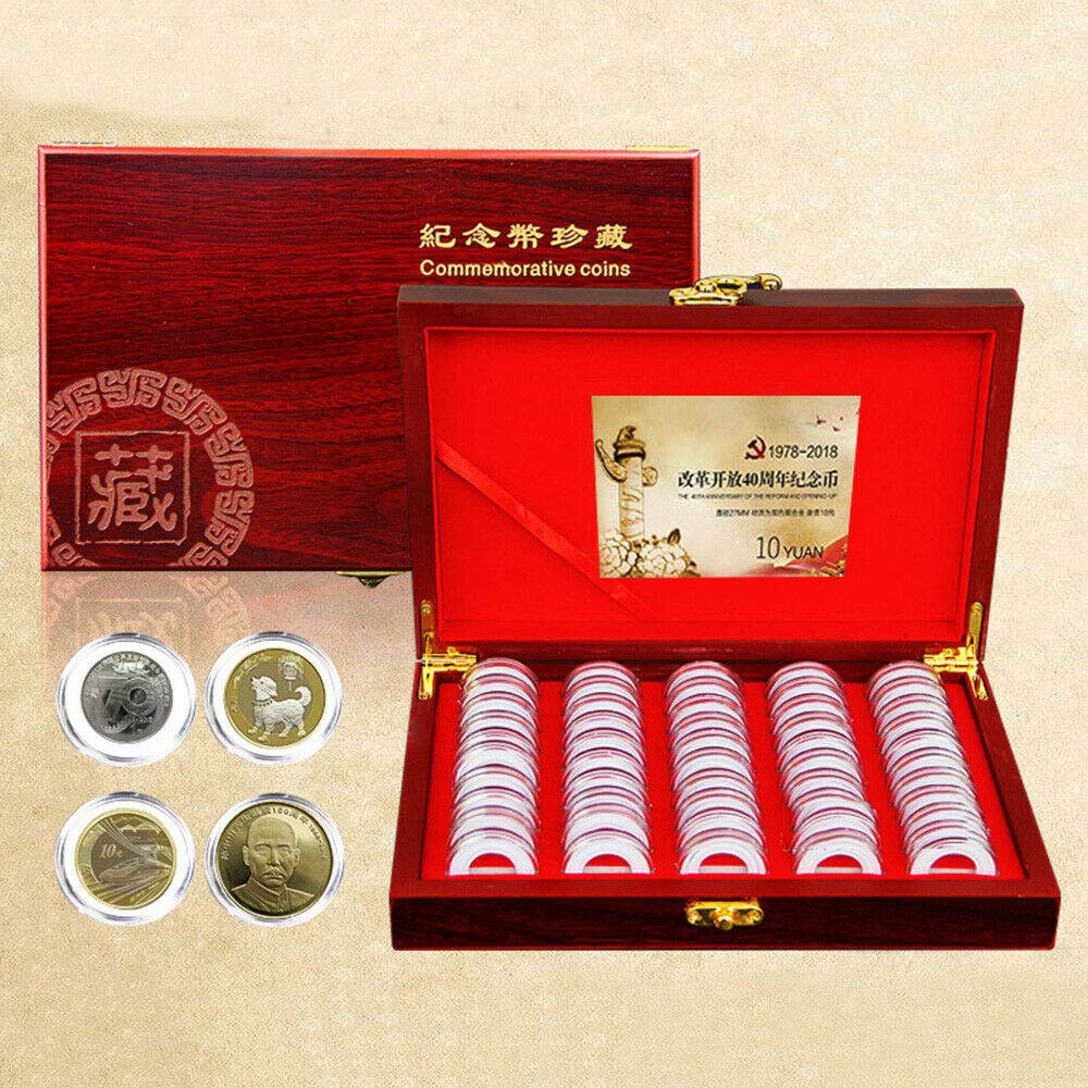 50Pc 30mm Coin Round Case with Adjustable Inner Pad + Storage Wooden Box Collect
