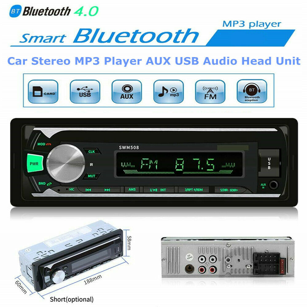 1 DIN Bluetooth Car Stereo Radio Audio MP3 Player Head Unit USB FM SD AUX 7 LED