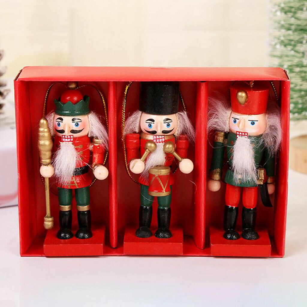 3Pcs 10cm Height Wooden Nutcracker Soldier Ornaments Kit Xmas Hanging Decor