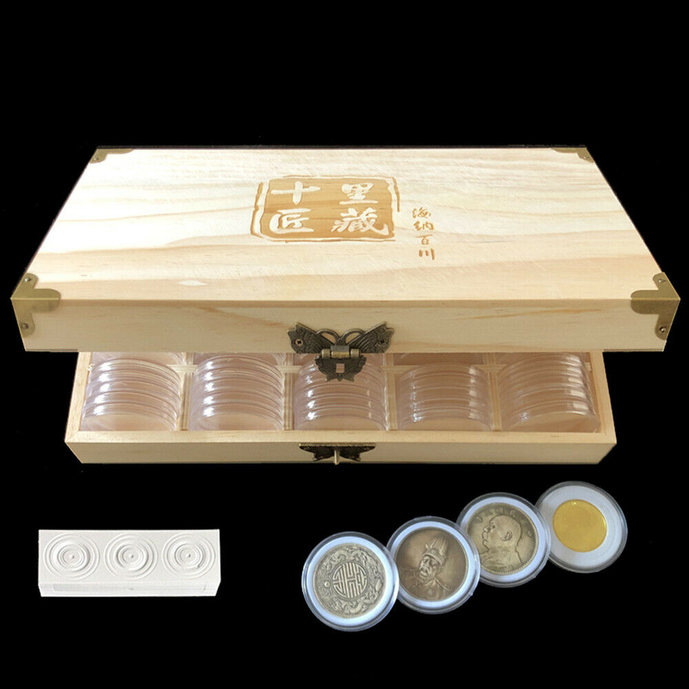 100Pcs 46mm Plastic Coin Round Capsules with Inner Pad + Wooden Box Collect Case