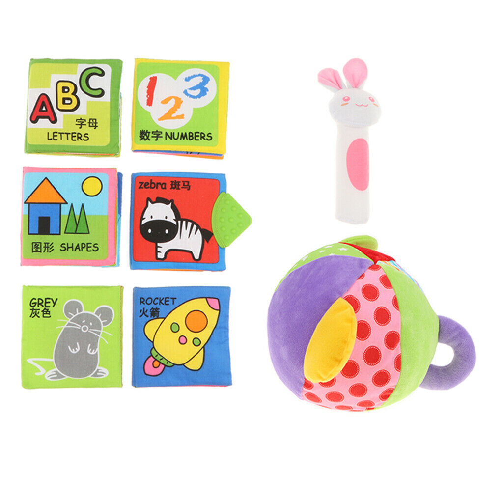 Set of 8 pieces Baby Soft Cloth Books & Rattle Squeaker, Early Number Letter