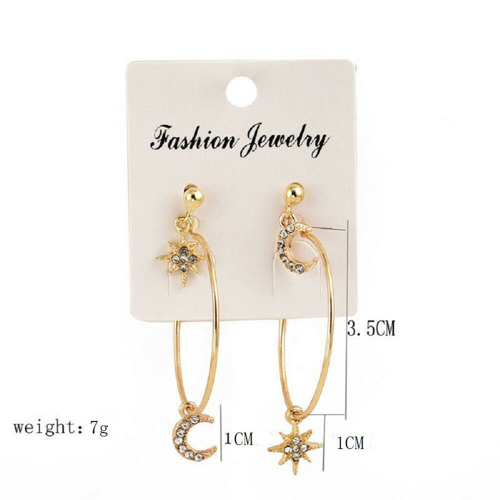 4PC Bohemian Large Circle Earrings Ear Clip Crystal Moon Star Stud Jewelry Kits