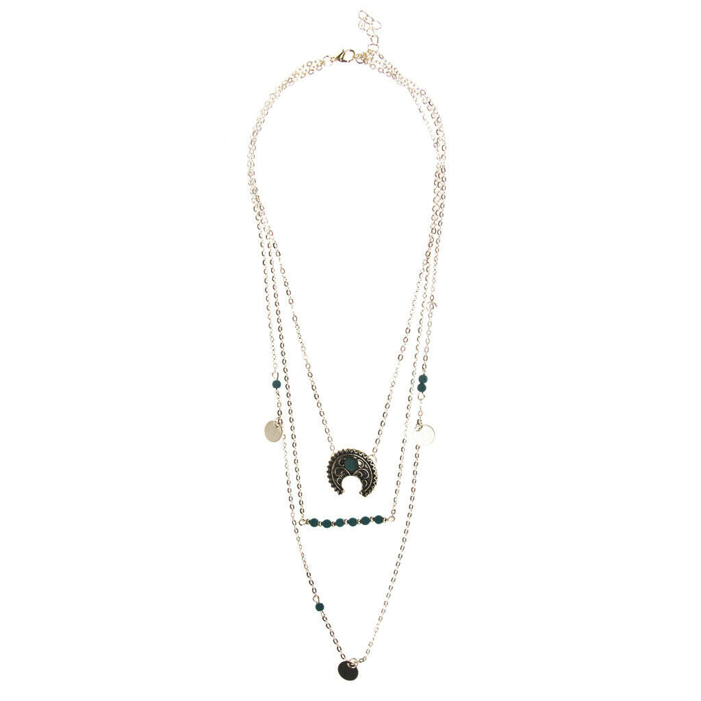 Retro Boho Turquoise Crescent Moon Pendant Multilayer Long Chain Necklace