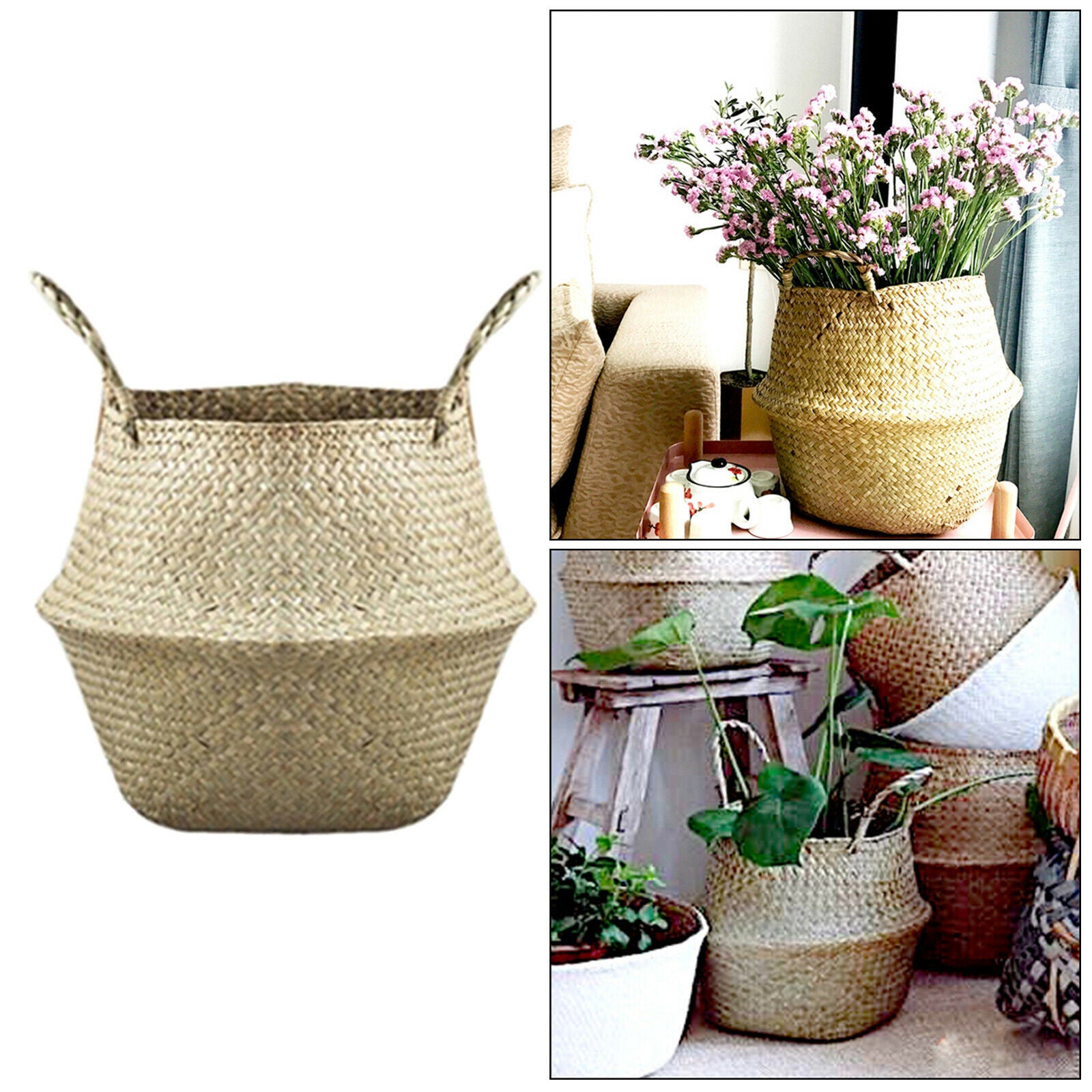Seagrass Woven Belly Basket Flower Planter Pot Laundry Storage Garden Homes