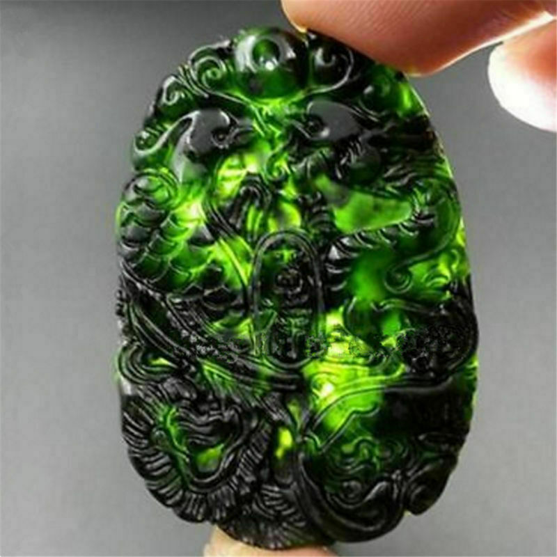 Chinese Black Green Jade Hand Carved Dragon Phoenix Pendant Lucky Amulet Gifts