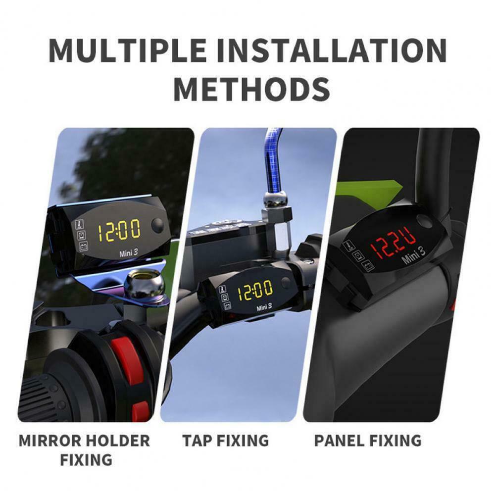 3 in 1 Motorcycle Electronic Clock VoltageThermometer Voltmeter LED Display