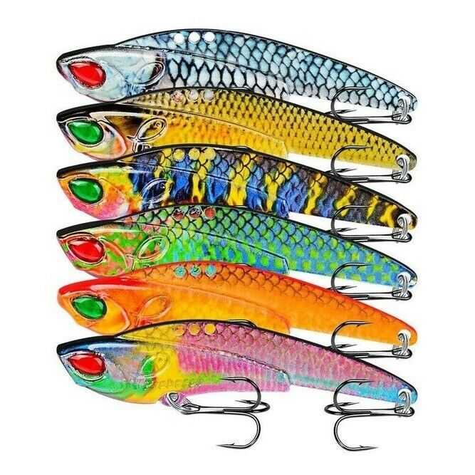 6x Metal Lead Jig Fishing VIB Lure Saltwater Sequins Spoons Bait &Treble Hooks