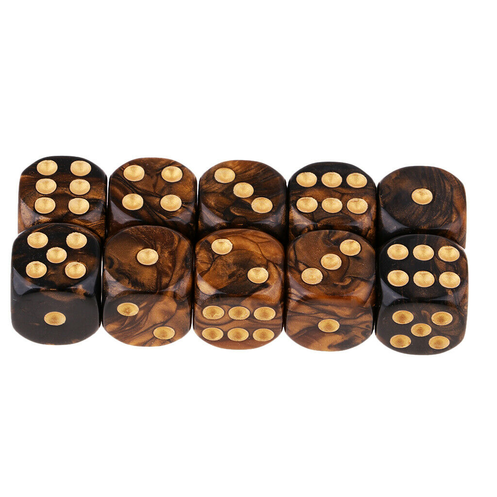 Set of 10 Six Sided Opaque D6 16mm Standard Dice Double Color Black&Golden
