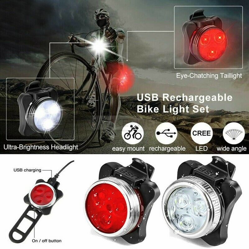 2x LED USB Rechargeable Cycling Bicycle Bike Head Front Rear Tail Light Lamp Set